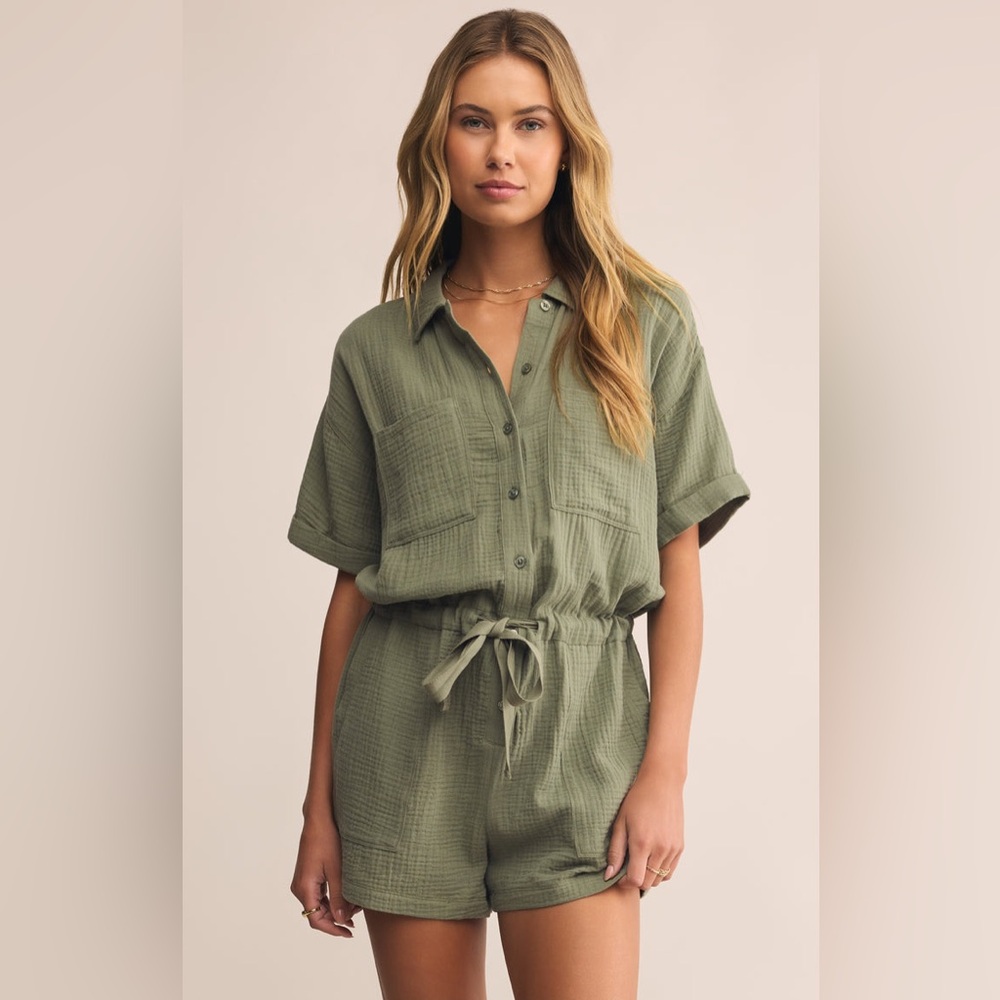 Z Supply Olive Short-Sleeve Tie-Waist Romper